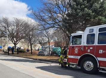 CK firefighters respond to fire at encampment on Thames Street (Image by Jaryn Vecchio, Blackburn Media)