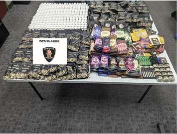 Suspected magic mushroom products seized from a downtown Windsor dispensary are shown at police headquarters on June 24, 2025. Photo provided by Windsor police.