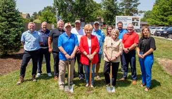 Former Lakeshore Councillor Linda McKinlay (front and centre), is joined by Mayor Tracey Bailey and others at the groundbreaking of a new public park, July 3, 2025. Photo courtesy Municipality of Lakeshore.