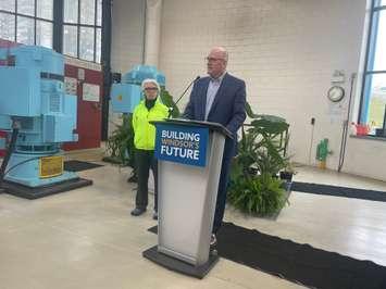 Councilor Jo-Anne Gignac and Mayor Drew Dilkens at the Caron Avenue Pump Station, April 10, 2025. (Photo by Maureen Revait) 