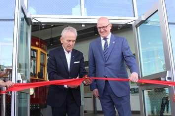 Former Mayor Michael Hurst and Windsor Mayor Drew Dilkens at the official grand opening of the Streetcar 351 exhibit, April 24, 2025. (Photo by Maureen Revait) 