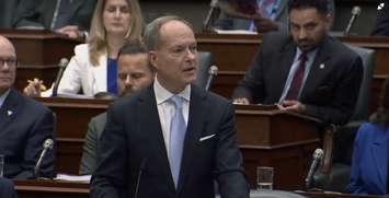 Ontario Finance Minister Peter Bethlanfalvy delivers the 2025 Ontario budget. Screen shot from Ontario Legislative Assembly live video