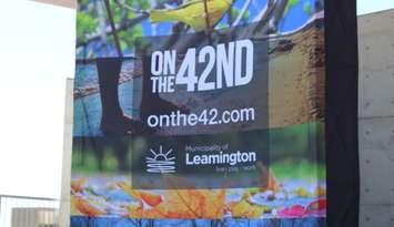 The logo for the tourism website for Leamington is displayed at Seacliff Park Amphitheatre on April 20, 2018. Photo by Mark Brown/Blackburn News.
