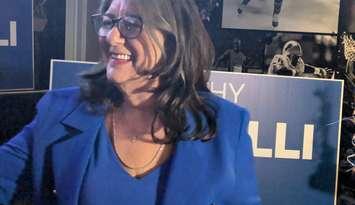 Kathy Borrelli is all smiles after winning the Windsor-Tecumseh-Lakeshore riding for the Conservatives, April 29, 2025. Photo by Mark Brown/WindsorNewsToday.ca.