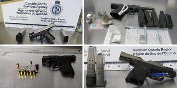 A compilation of weapons, ammunition, and other items confiscated by Canada Border Services Agency agents in Windsor between February 10 and February 15, 2025. Photos courtesy Border Services SOR/X.
