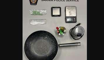 Sarnia police seize drugs, frying pan during London Road bust - Apr. 30/25 (Photo courtesy of Sarnia Police Service)